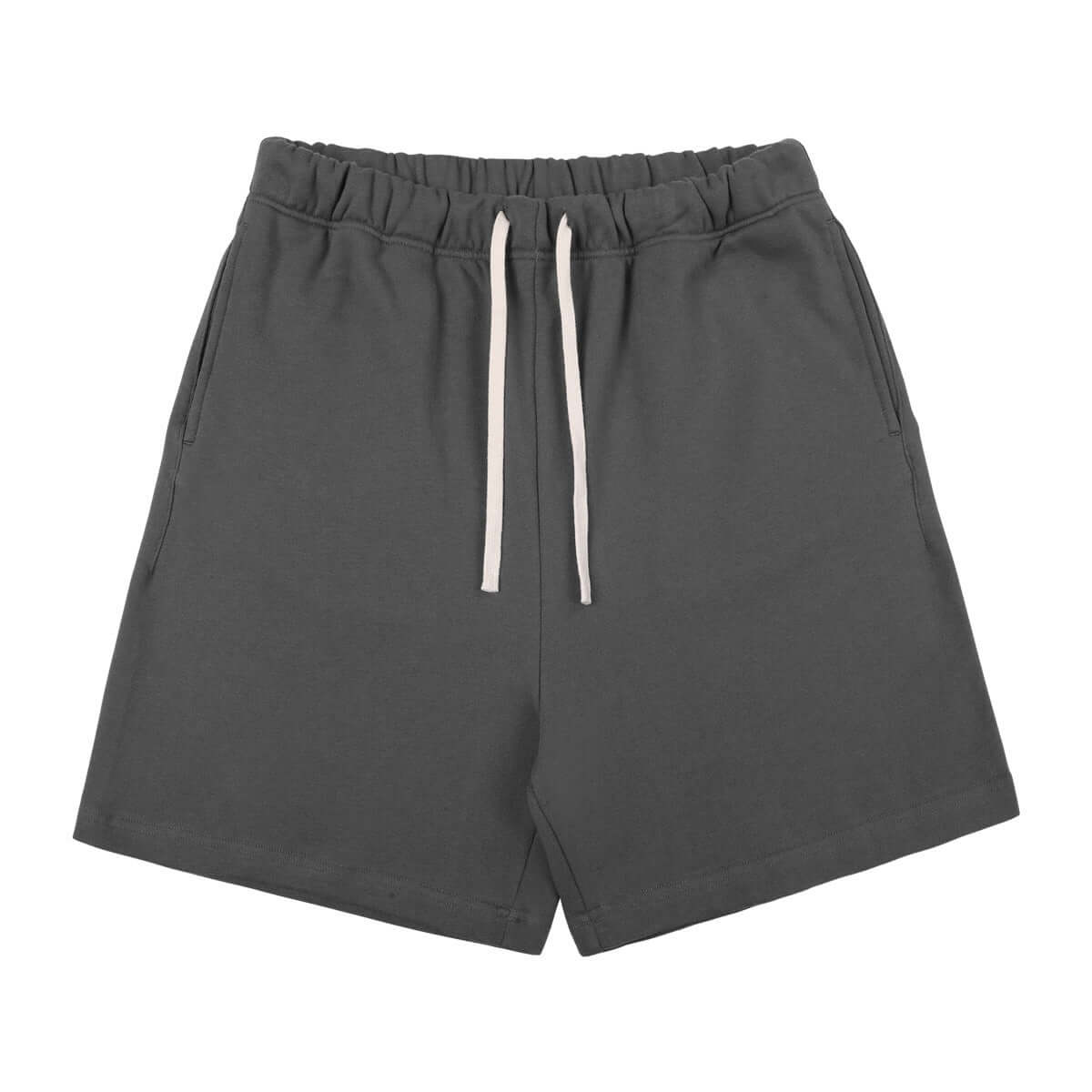 Calcas cortas de algodón para hombres en color gris con cintura elástica y bolsillos laterales.