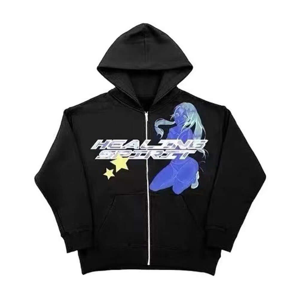 Art Retro Simple Ladies Hoodie Streetwear en color negro con diseño gráfico y capucha.