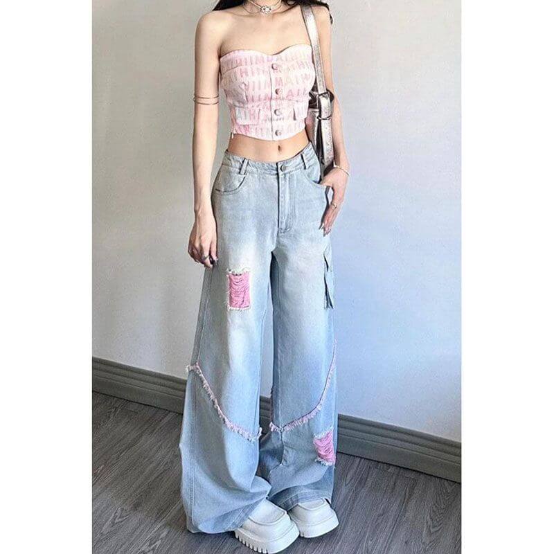 ripped cargo jeans mujer alta cintura en color celeste con detalles desgastados y tiras decorativas