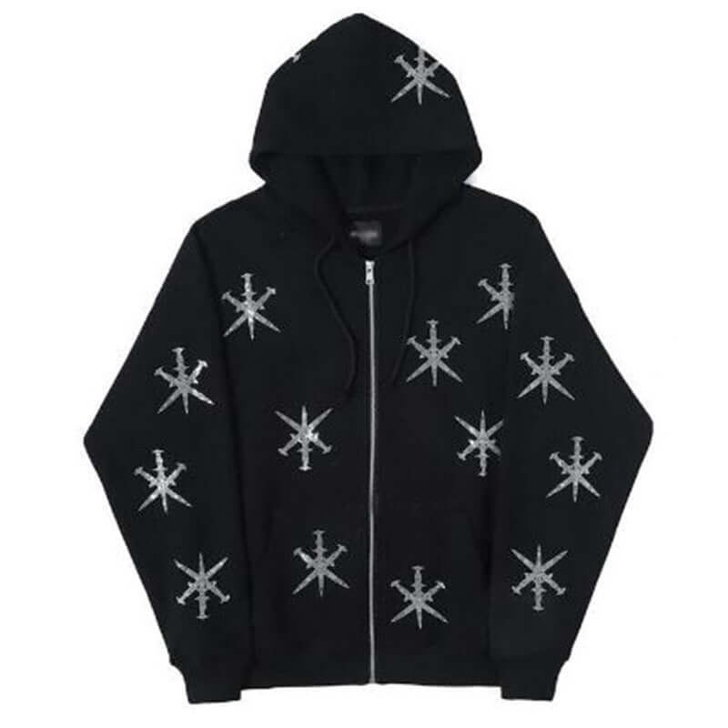Mujer usando una sudadera gothic streetwear zip-up hoodie con estampados geométricos sobre fondo negro.