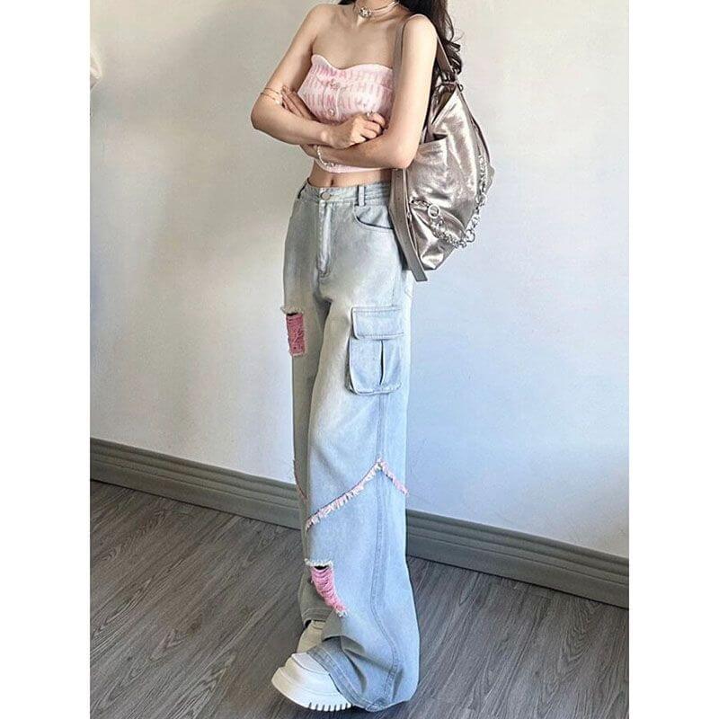 ripped cargo jeans mujer alta cintura en color celeste con detalles desgastados y tiras decorativas